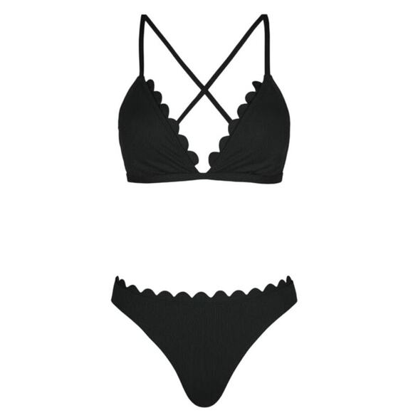 CUPSHE Womens 2PC Swimsuit M Black Scalloped V Neck Crisscross Tie Bikini - Picture 4 of 9